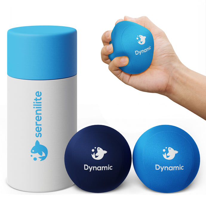 Serenilite Stress Ball 2.0 Dynamic Resistance 2 pack in blue and dark blue with storage tube, one squeezed in hand