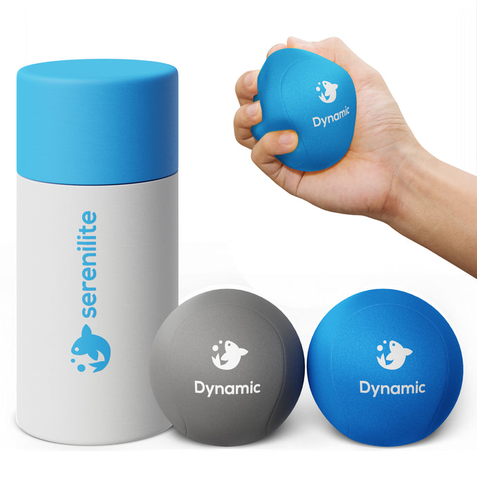 Serenilite Stress Ball 2.0 Dynamic Resistance 2 pack in grey and blue with storage tube, one squeezed in hand