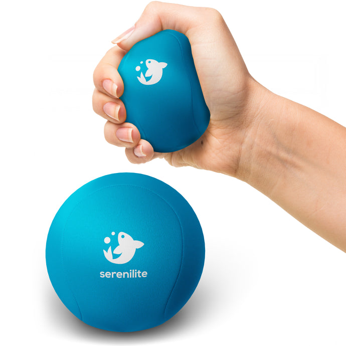 Serenilite Hand Therapy Stress Ball in Blue Skies, squeezed in hand to show size and soft gel give